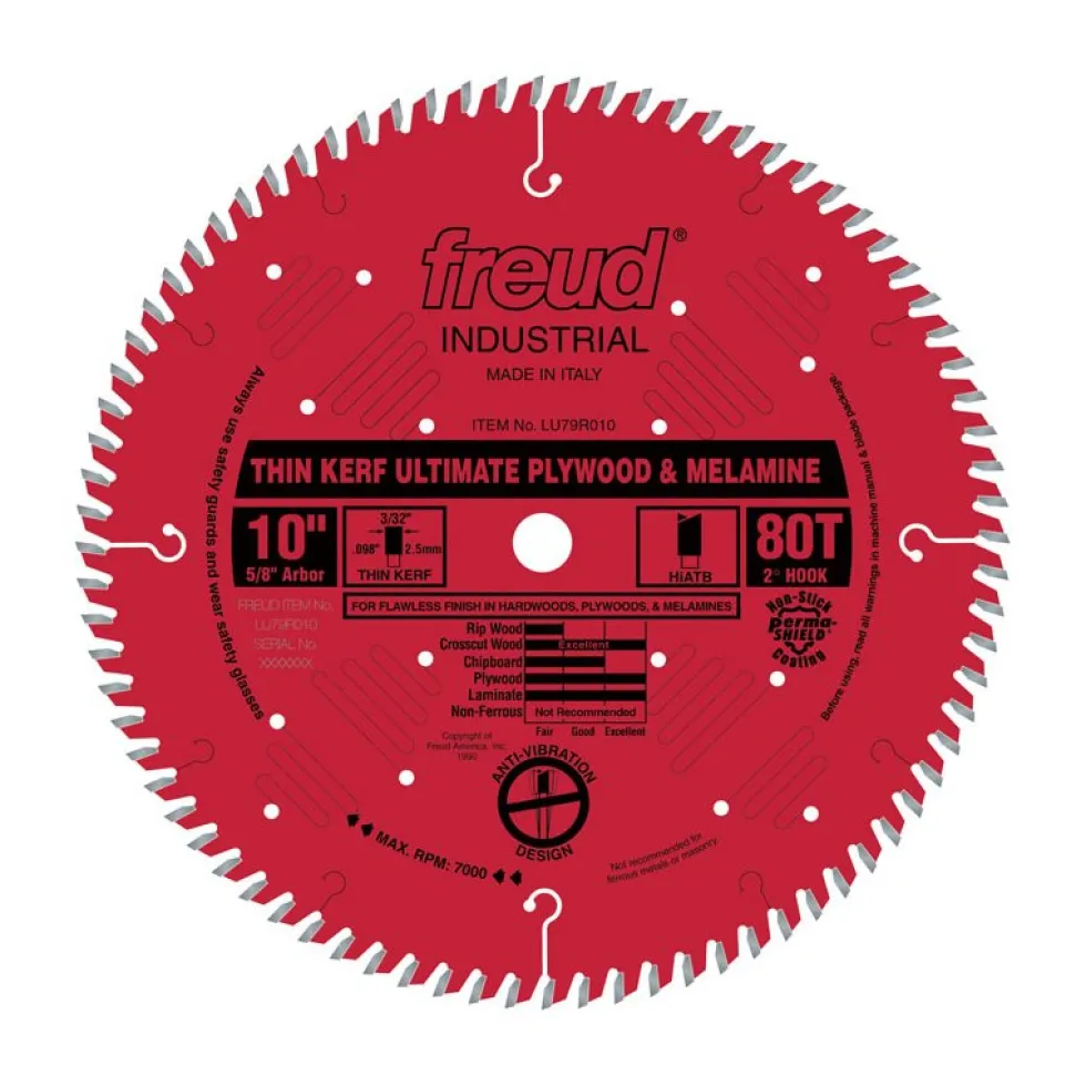 Freud Thin Kerf Ultimate Plywood & Melamine Blade: 10" x 80 Tooth - .098" Kerf